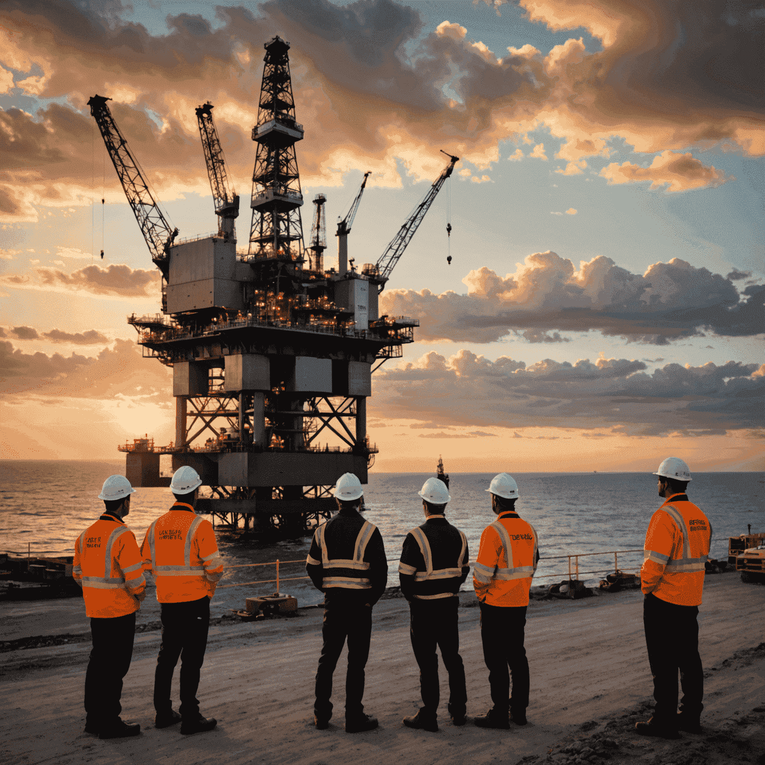 Oil rig at sunset with consultants reviewing plans on-site, showcasing the blend of industry expertise and consulting services