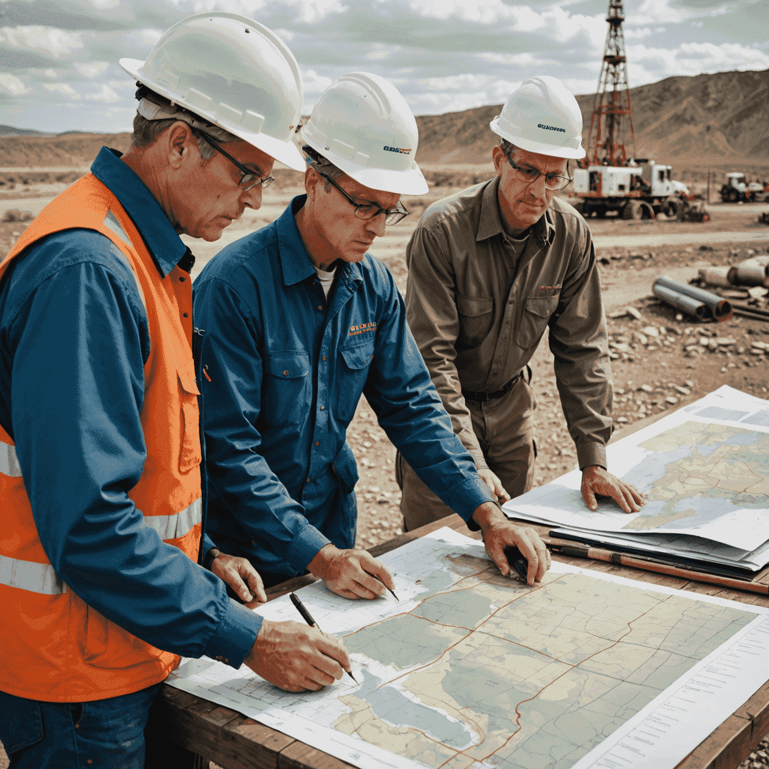 Geologists examining seismic data charts and maps of potential oil and gas reserves