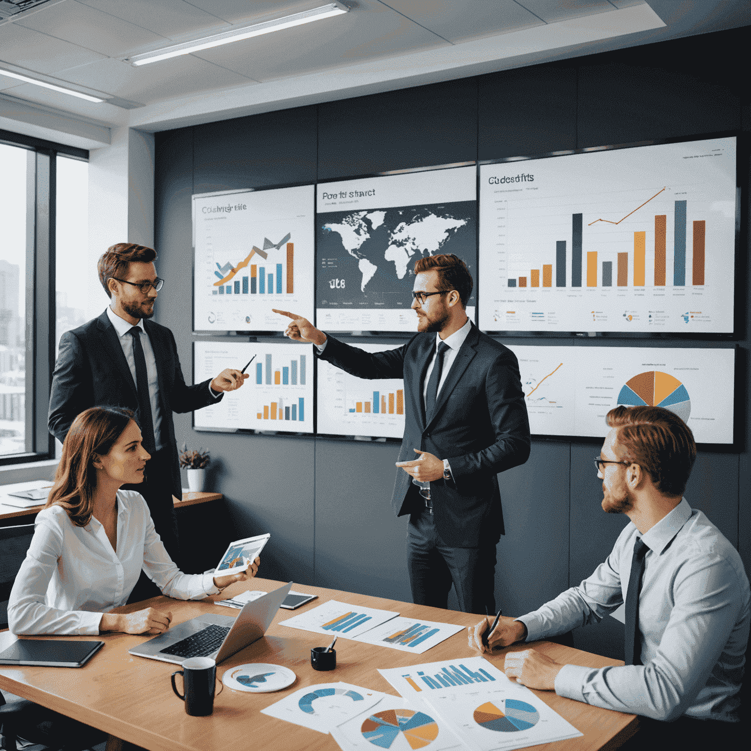 A professional team discussing marketing strategies for oil and gas products, with charts and graphs displayed on a large screen in a modern office setting