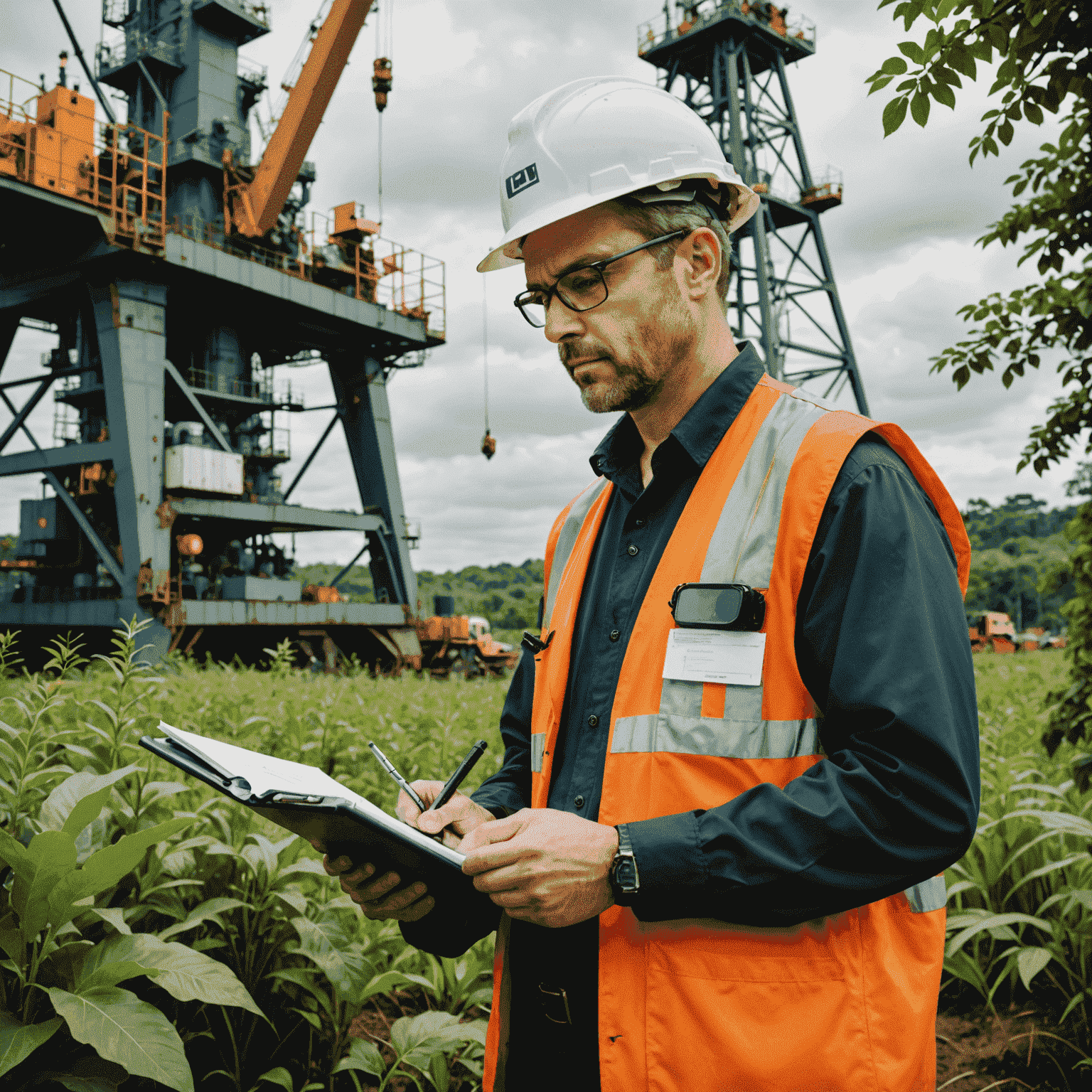 Environmental compliance officer inspecting an oil rig with a clipboard, surrounded by lush green vegetation, symbolizing the balance between industry and nature