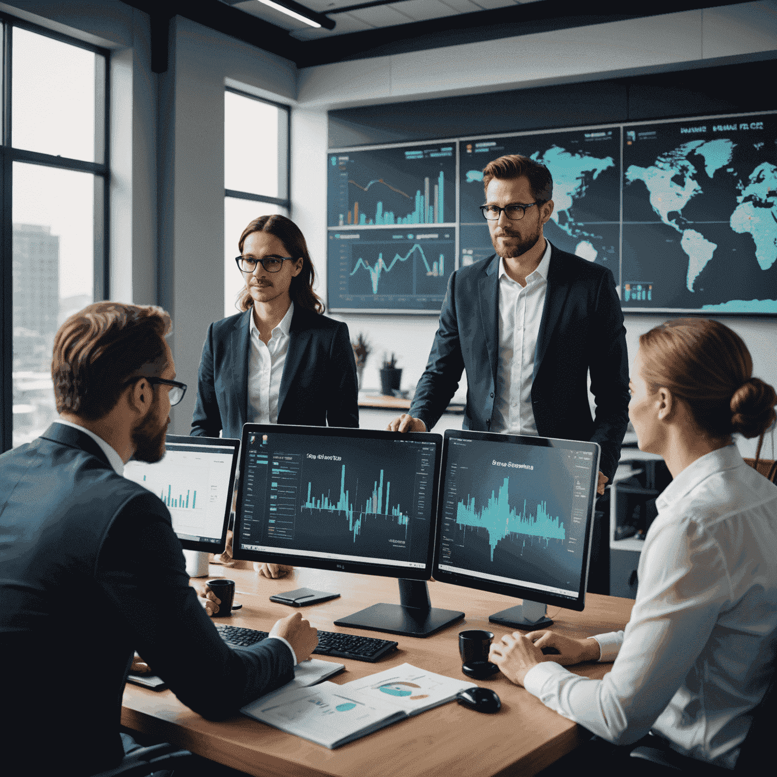 Diverse team of oil and gas consultants collaborating in a modern office, analyzing data on large screens and discussing strategies