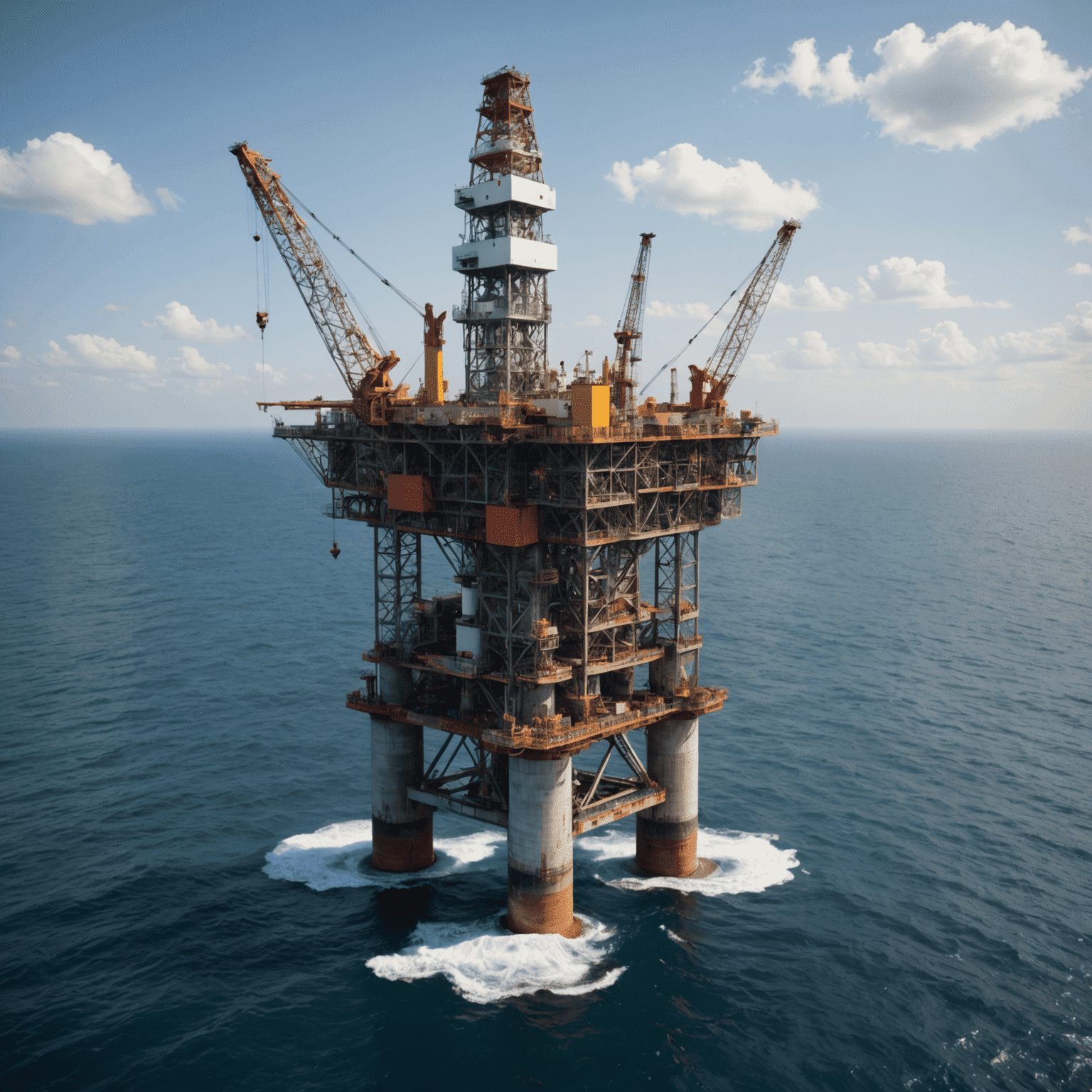 Oil rig in the ocean with a team of consultants discussing plans on an offshore platform