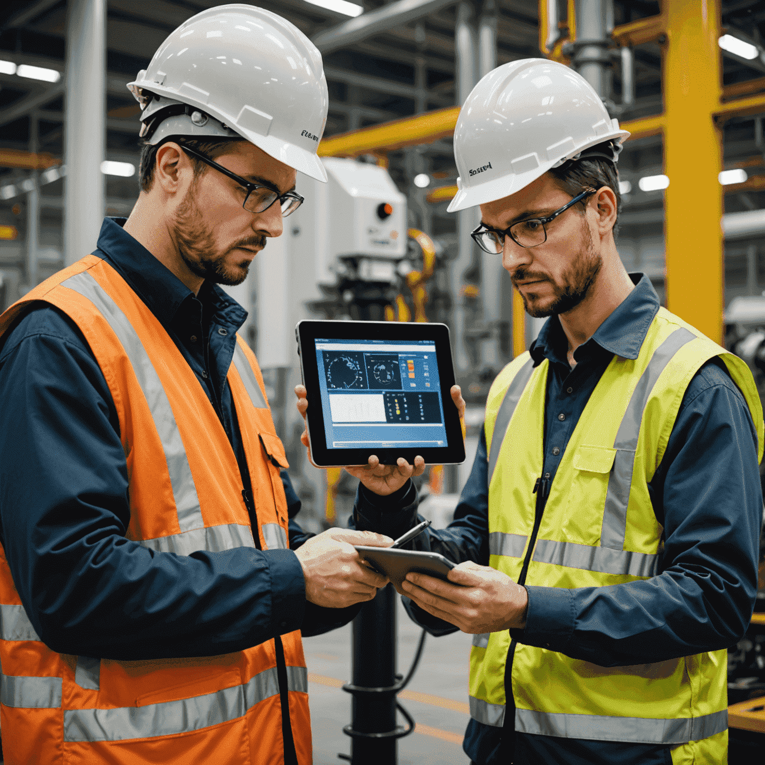 Oil and gas industry professionals using tablets and smartphones to monitor and control advanced equipment in a modern facility