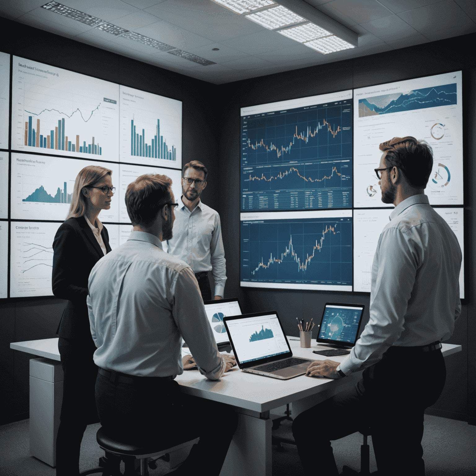 A team of environmental consultants analyzing data on large screens, with 3D models of oil rigs and environmental impact charts visible